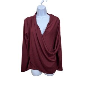 1.STATE Faux Wrap Blouse Womens Medium Burgundy Draped Surplice Long Sleeve